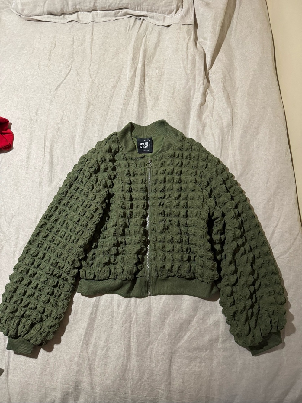 Jolie & Joy Olive Green Textured Bomber Jacket Cropped Zip Up Sz L